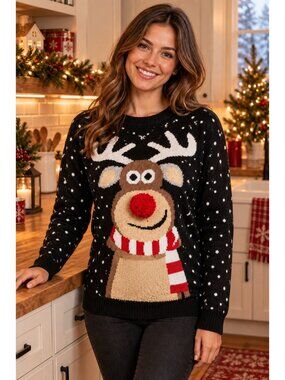 3D Pom-Pom Nose Christmas Reindeer Knit Sweater Crew Neck Long Sleeve Pullover